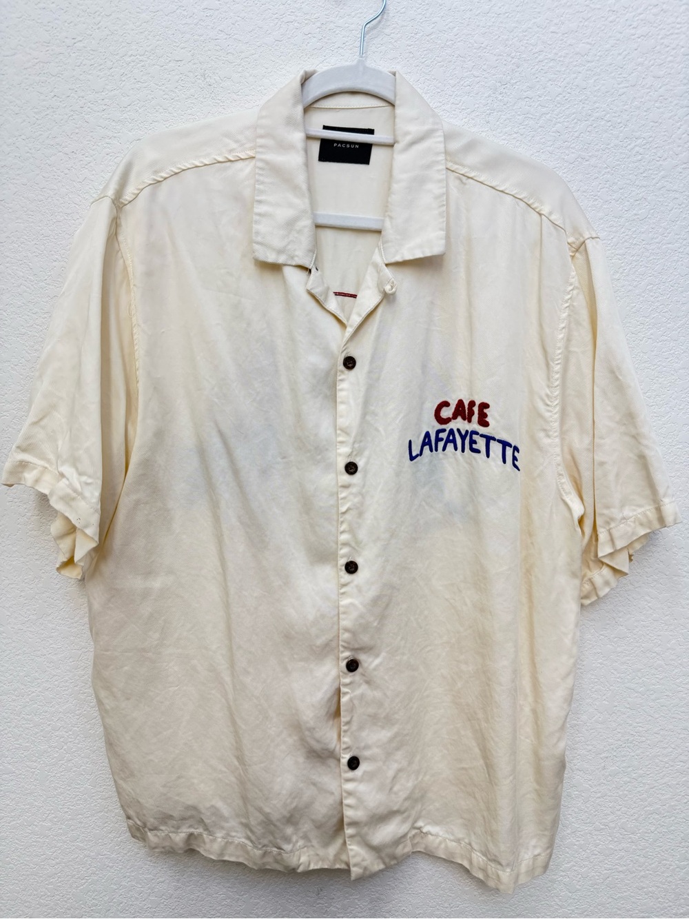 PacSun Cream Short-Sleeve Button-Down with Cafe Lafayette Embroidery